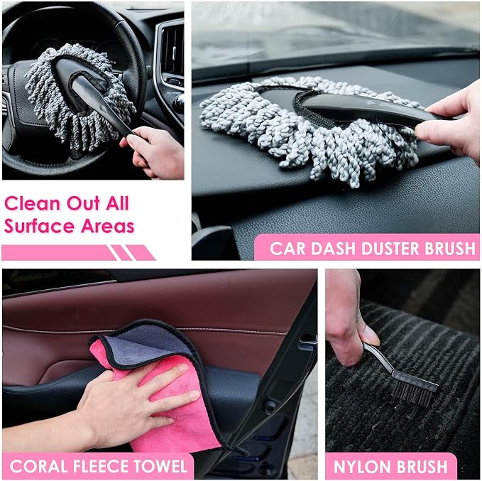 Windshield Cleaner Tool, 17Pcs Pink Car Interior Cleaning Kit, Detailing Kit Cleaner, Detailing Brush, Cleaning Gel, Inside Cleaning Supplies Accessories for Women Girl Gift
