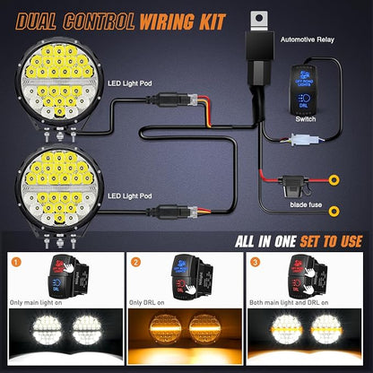 Nilight LED Offroad Driving Lights with Amber DRL 2PCS 9 Inch Round 140W IP68 Spot Flood Combo Work Light Bar with 12AWG DT Connector Wiring Harness Kit for 4x4 Truck ATV UTV SUV