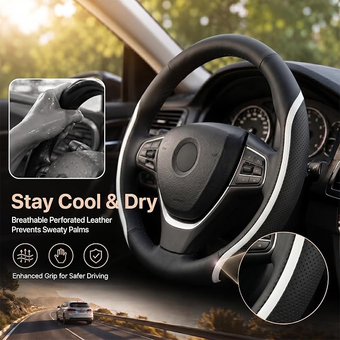 Steering Wheel Cover Black White, Carbon Fiber Car Steering Wheel Covers with Coasters Universal 14.5-15 inch Leather Microfiber Breathable Anti-Slip Steering Wheel Accessories Set