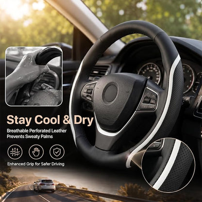 Steering Wheel Cover Black White, Carbon Fiber Car Steering Wheel Covers with Coasters Universal 14.5-15 inch Leather Microfiber Breathable Anti-Slip Steering Wheel Accessories Set