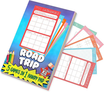 Road Trip Game Pad, 5 in 1 Travel Games Set for Kids | Tic-Tac-Toe, Hangman, Dots and Boxes, Categories, Connect 5, 80 Sheets Activity Pad