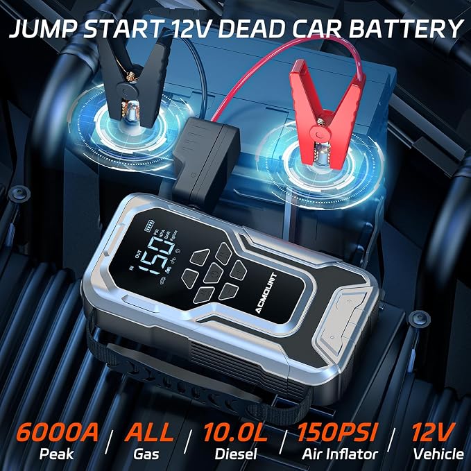Acmount D18 Jump Starter with Air Compressor, 6000A Car Battery Jumper Starter Portable(All Gas/10.0L Diesel), 150PSI Tire Inflator Air Pump, 12V Jump Pack, 800LM Flashlight, Car Gift for Man