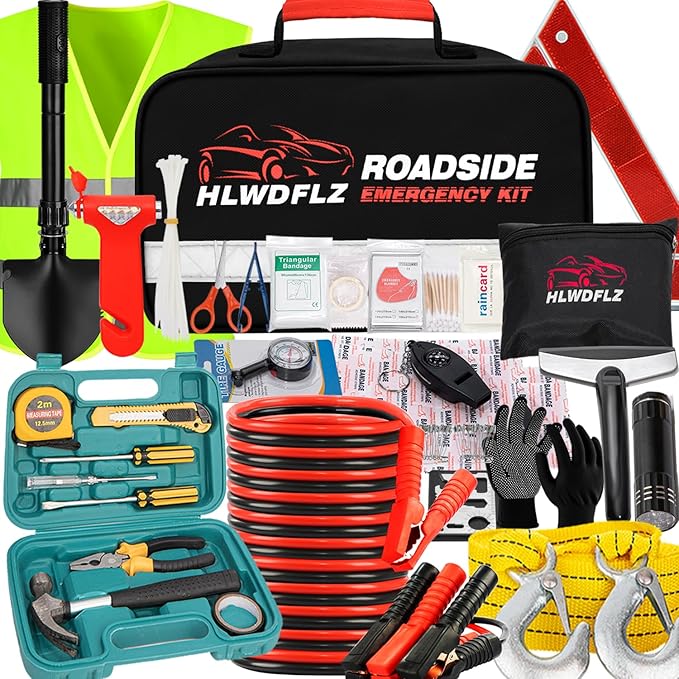 Emergency Car Kit with Jumper Cables & Snow Shovel, Winter Roadside Assistance Safety Kit for Cars, Trucks, SUVs and RVs