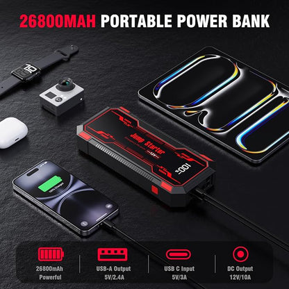 Car Jump Starter 6000A Car Battery Jump Starter Portable,12V Battery Jumper Starter Portable(10.0L Gas/8.0L Diesel),LCD Display Jump Box Jump Starter Battery Pack with Jumper Cables & Flashlight-Red