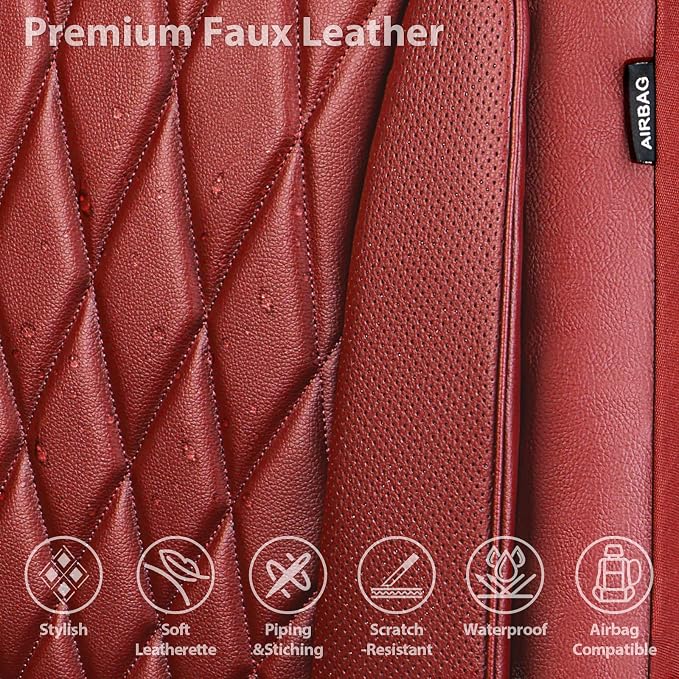 CAR PASS Piping Luxury Faux PU Leather Two Front Car Seat Covers, Waterproof Anti Slip Premium Automotive Seat Covers,Universal Fit for Suvs,Vans,Trucks, Armrest Airbag Compatible, Burgundy Red