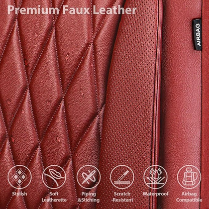 CAR PASS Piping Luxury Faux PU Leather Two Front Car Seat Covers, Waterproof Anti Slip Premium Automotive Seat Covers,Universal Fit for Suvs,Vans,Trucks, Armrest Airbag Compatible, Burgundy Red