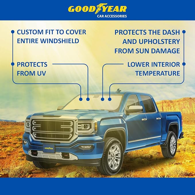 Goodyear Foldable Windshield Sunshade for GMC Sierra 2014-2018, Truck car Accessories, Sunshade Cover, Sun Shade Car Windshield, Window Sun Blocker - GY008226