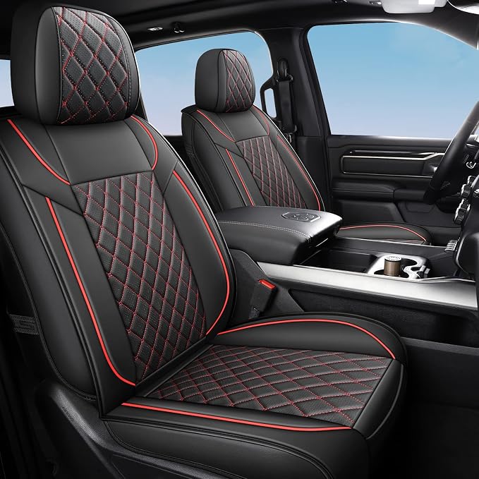 FREESOO Seat Covers for Dodge Ram 2019-2026 Ram 1500 Crew Quad Regular Cab 2011-2026 2500 3500 Mega Cab Bighorn Longhorn Laramie Tradesman, with Flat Bench, Black Red