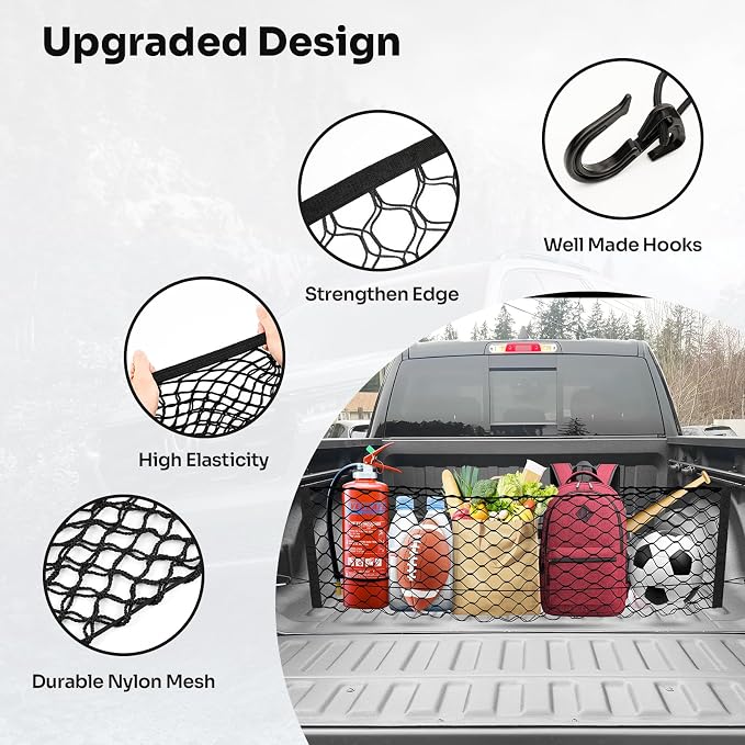 Canvcle Truck Bed Cargo Net for 2019-2025 2026 Dodge Ram 1500 Accessories Envelope Style Mesh Trunk Net Organizer and Storage Stretchable Adjustable Elastic Nylon Rear Cargo Netting with Hooks