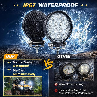 ZMOON Round LED Off Road Lights Kit, 2PCS 4.5" 84W LED Flood Light Bar with 10FT Wiring Harness (2-Lead), Driving Fog Lights for Truck ATV UTV SUV Boat