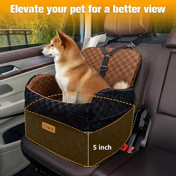 PETICON Waterproof Dog Car Seat for Small Medium Dogs, 5in Memory Foam Pet Booster Seat for Dogs up to 35 lbs with Pockets, Detachable Washable Pet Carseat with Y-Shape Safety Belt (Brown, Medium)