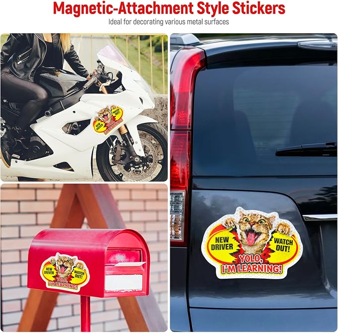 3 Pcs Reflective Student Driver Magnet and Stickers Set - Funny Animal New Driver Safety Signs for Car, Waterproof & Weatherproof High Visibility Vehicle Bumper Decals, Magnet + Stickers (Cat)