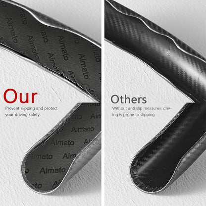 3 Piece Carbon Fiber Steering Wheel Cover,Car Steering Wheel Protector with Non-Slip Lining,Breathable Microfiber Universal for 14.5-15 inch,Gray