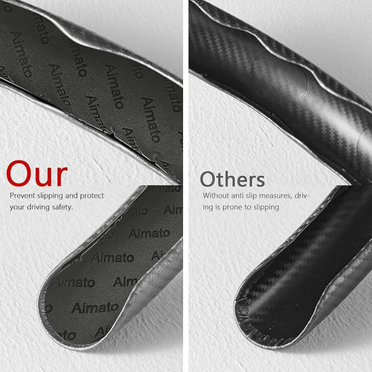 3 Piece Carbon Fiber Steering Wheel Cover,Car Steering Wheel Protector with Non-Slip Lining,Breathable Microfiber Universal for 14.5-15 inch,Gray