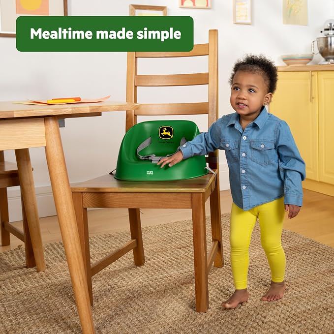 Bright Starts John Deere My Spot Easy-Clean Booster Seat, Portable Dining Chair Booster with 3-Point Harness, Green, 6 Months - Toddler