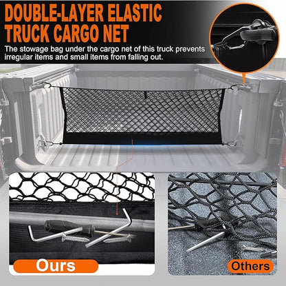 Truck Bed Cargo Net for Dodge Ram 1500 2019-2024 2025, Envelope Style Pickup Cargo Net with Storage Bag, Heavy Duty Elastic Mesh Organizer with Carabiners, Secures Groceries & Gear