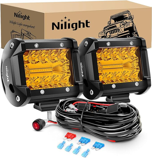 Nilight 2PC 4Inch Amber Led Pods Triple Row 60W Flood Spot Combo Driving Fog Lights with 16AWG Wiring Harness-2 Leads for Offroad Pickup Trucks Jeep ATV UTV SUV, 2 Years Warranty
