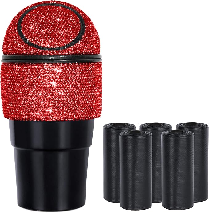 eing Car Trash Can Bling Crystal Auto Mini Trash Bin for Car Office Home Women,Car Cup Holder Garbage Can with Lid and 5 Pack Disposable Garbage Gag, Red