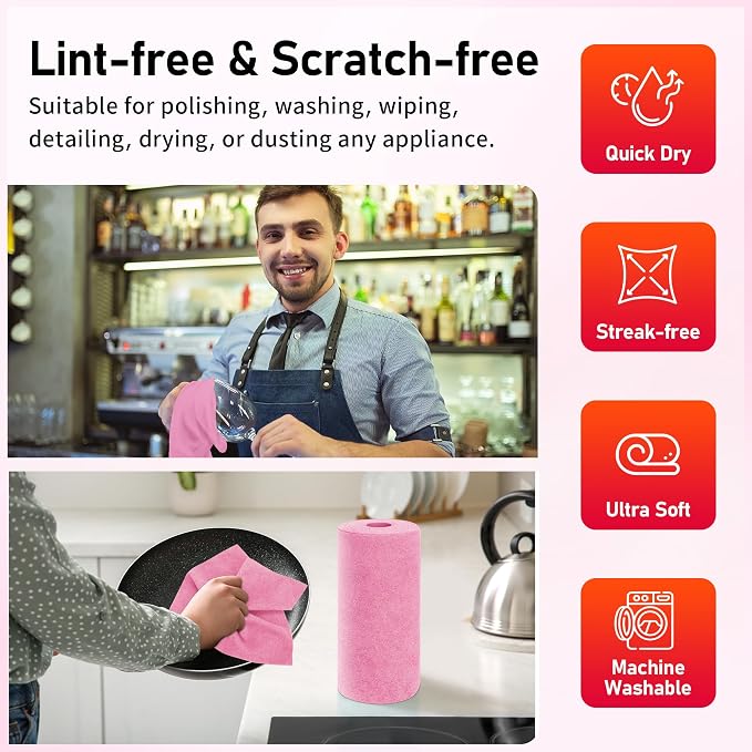 Microfiber Cleaning Cloth Roll, 75 Pack Tear Away Microfiber Towel, Reusable Washable Shop Towels, Lint Free Cleaning Rags for Car Home Kitchen Garage & Automotive 11.5"x11.5" Pink