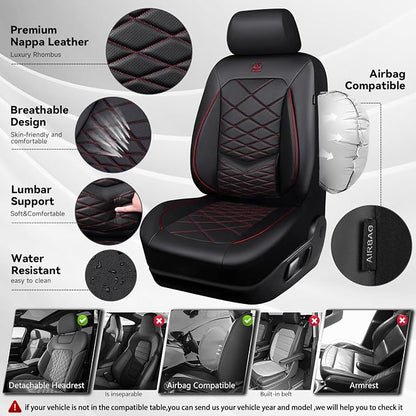 CAR PASS Luxury Nappa Leather Front Seat Covers, Water Resistant 3D Foam Seat Covers with Lumbar Support, Breathable Auto Seat Cover Airbag Compatible Universal Fit for Sedan SUV Van Truck, Black Red