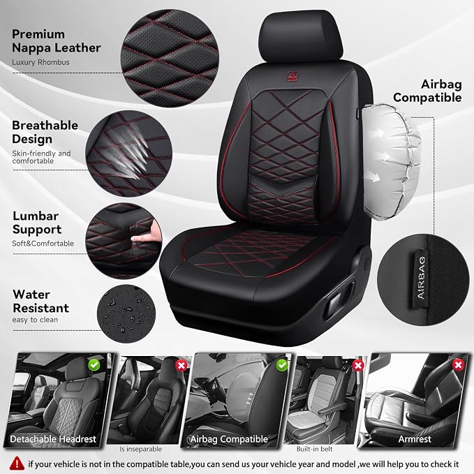 CAR PASS Luxury Nappa Leather Seat Covers Full Set, Water Resistant Faux Leather Seat Cover with Lumbar Support, Breathable Automotive Seat Covers Universal Fit for Sedan SUV Van Truck, Black Red