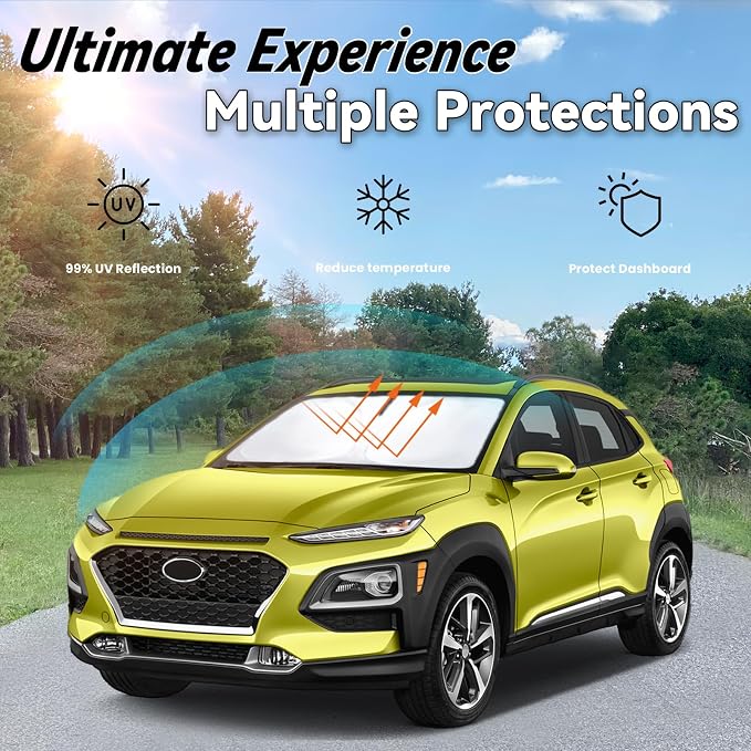 Windshield Sun Shade for 2018-2023 Hyundai Kona, Car Front Window Sunshade with 240T Sun Visor Protector Blocks UV Rays Heat Sun Shield Accessories