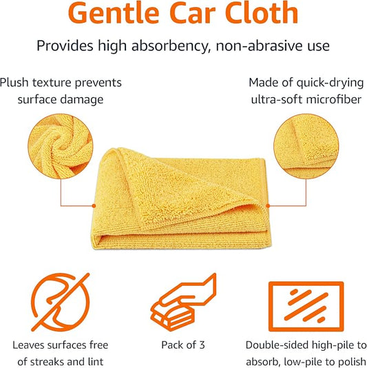 Amazon Basics Microfiber Car Drying Towels, Highly Absorbent, Lint Free, Scratch Free, Buffing and Polishing, Auto Detailing, No Streaks, Soft, Quick Drying, 16" x 16", Yellow, 3-Pack