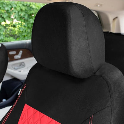 Universal Fit Diamond Stitched Flat Cloth Car Seat Covers Full Set - Red