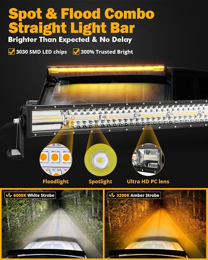 Auxbeam 50Inch LED Straight Light Bar, 6 Modes Amber White Strobe Light, 288W Dual Color Spot Flood Combo Offroad Fog Driving Light Waterproof with Memory Function for Truck Boat Jeep Pickup