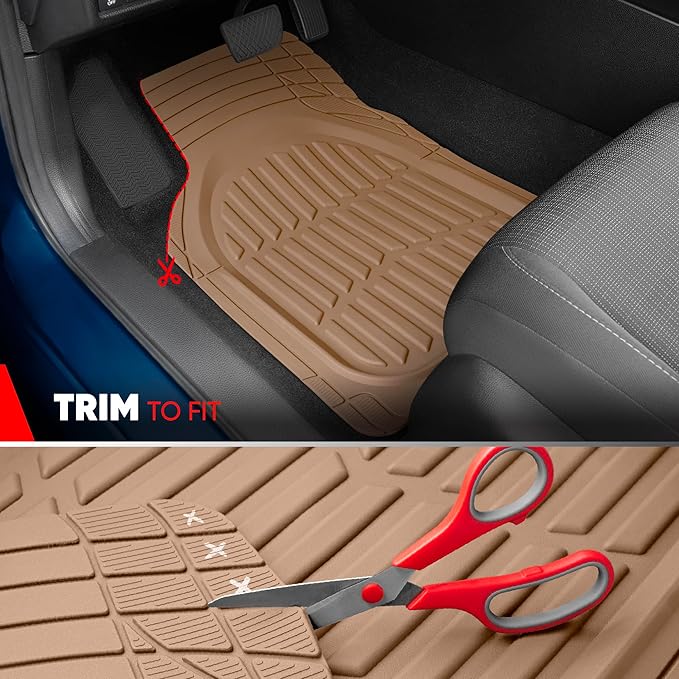 Motor Trend FlexTough LITE Rubber Car Mats Full Set - All Weather Floor Mats for Trucks, Cars & SUVs - Automotive Waterproof Beige Car Floor Mats for Cars Interior Accessories Universal Trim-to-Fit