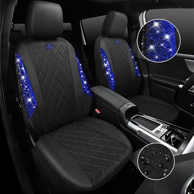 CAR PASS Oxford Bling Diamond Car Seat Covers Full Set Interior Sets, Waterproof Shining Glitter Sparkly Crystal Universal Armrest Fit 95% Automotive Truck SUV Cute Women Girl, Black Blue Rhinestone