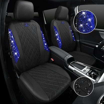 CAR PASS Oxford Bling Diamond Car Seat Covers Full Set Interior Sets, Waterproof Shining Glitter Sparkly Crystal Universal Armrest Fit 95% Automotive Truck SUV Cute Women Girl, Black Blue Rhinestone