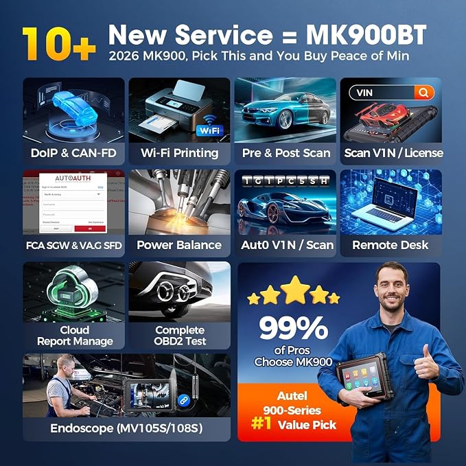 Autel MaxiCOM MK900 Bidirectional Scanner: 2026 Up of MaxiCheck MX808S MK808S, Work as MK900-BT MK900BT MX900 OBD2 Diagnostic Tool w/ 3000+ Active Test, 40+ Service, CAN-FD&DOIP, All System, FCA 11 OS