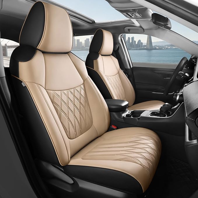 FREESOO Custom Seat Covers for Toyota RAV4 2019 2020 2021 2022 2023 2024 2025 Hybrid XLE LE Limited XLE Premium, RAV4 Leather Car Seat Covers Interior, RAV 4 SUV Accessories Full Set, BlackBeige