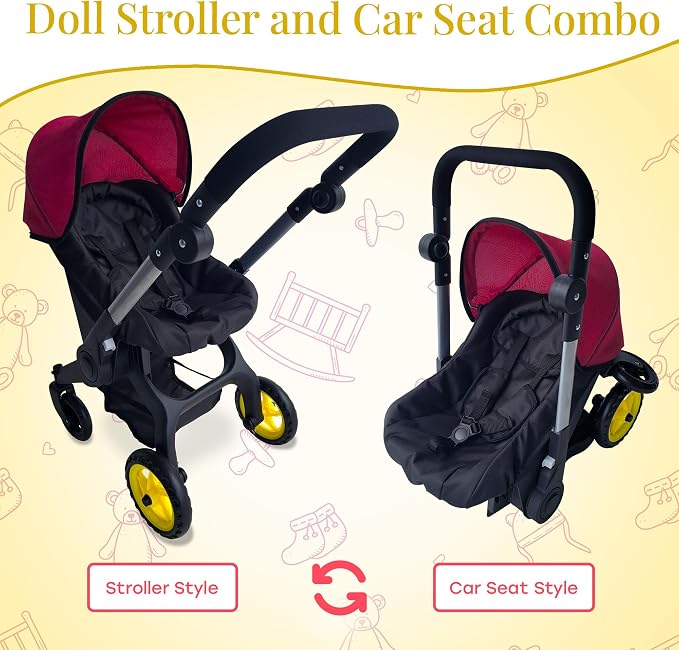 Baby Doll Car Seat Stroller Combo – Convertible 2 in 1 Doll Stroller and Car Seat for Kids – Fits Up to 20” Dolls – Play Toy Baby Stroller with Adjustable Handle for Girls Toddlers All Ages (Maroon)