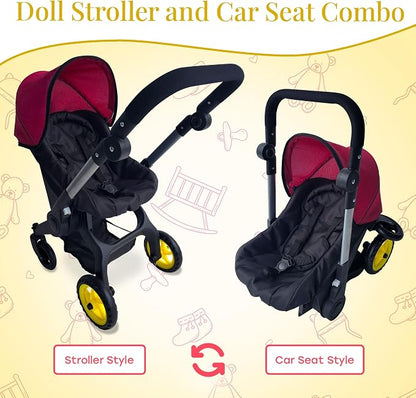 Baby Doll Car Seat Stroller Combo – Convertible 2 in 1 Doll Stroller and Car Seat for Kids – Fits Up to 20” Dolls – Play Toy Baby Stroller with Adjustable Handle for Girls Toddlers All Ages (Maroon)