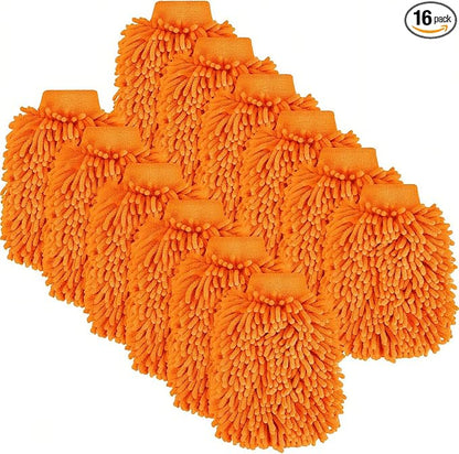 Toulite 16 Pcs Car Wash Mitt Chenille Microfiber Wash Mitt Double Sided Glove Cleaning Drying Mitts (7.48 x 10.24 Inch,Orange)