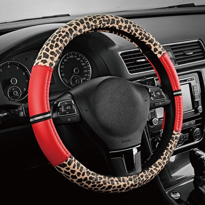 Road Comforts Leopard Steering Wheel Cover for Women, Cute Anti-Slip Microfiber Leather, Universal Fit 14.5-15 Inch Round Steering Wheel - Red