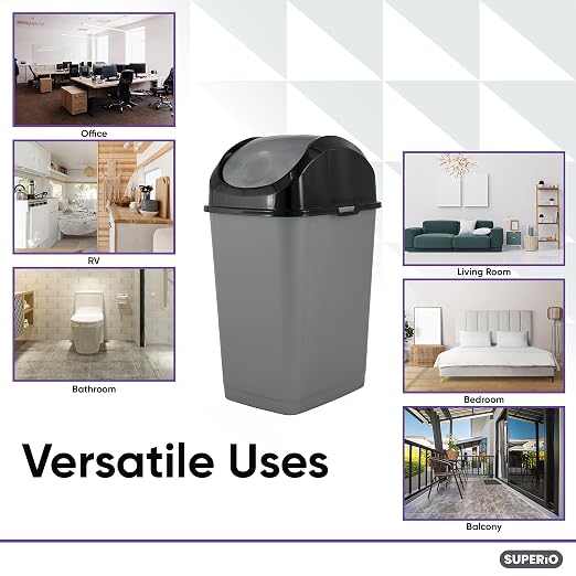 Superio Small 2.5 Gallon Plastic Trash Can with Swing Top Lid, Compact Slim Waste Bin for Under Desk, Office, Bedroom, Bathroom, Dorm Room, 10 Qt. Portable Garbage Can (Grey/Black)