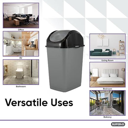Superio Small 2.5 Gallon Plastic Trash Can with Swing Top Lid, Compact Slim Waste Bin for Under Desk, Office, Bedroom, Bathroom, Dorm Room, 10 Qt. Portable Garbage Can (Grey/Black)
