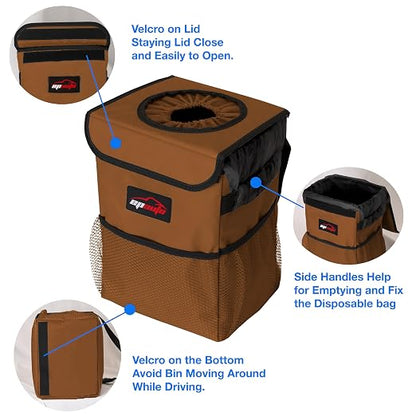 EPAuto Waterproof Car Trash Can with Lid and Storage Pockets, 2.5 Gallon Leakproof, Brown
