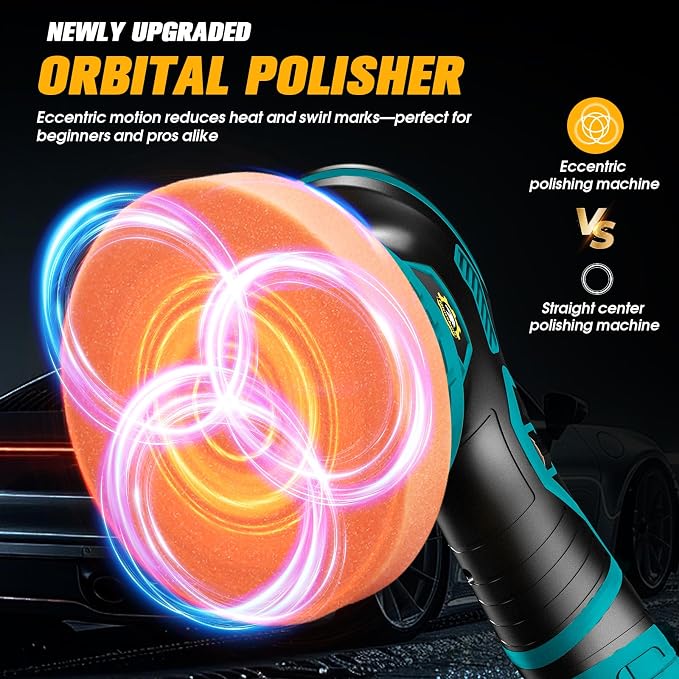 Cordless Car Buffer Polisher kit [2x 2000mAh 21V Batteries & 18 PCS Attachments] 6-Speed Orbital Design, LED Display, Lightweight Detailing Tool for Waxing, Polishing & Scratch Removal-Blue