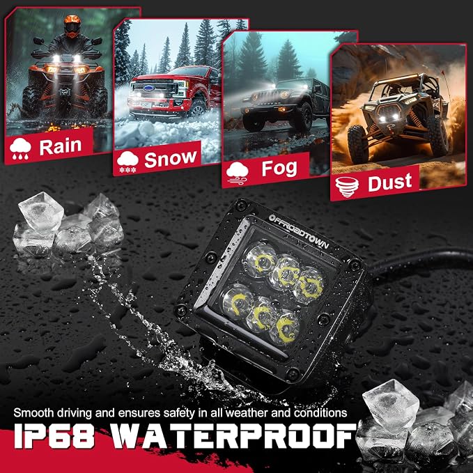 OFFROADTOWN LED Cubes 3inch 120W CREE LED Pods with Wiring Harness and Black Cover Driving Lights Ditch Light Spot Off Road Lights for Truck Pickup UTV ATV SUV Boat 4x4 Car