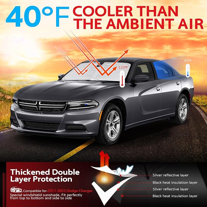 KAYZT Windshield Sun Shade for 2011-2024 Dodge Charger Foldable Sunshade Front Window Custom Fit Car Accessories