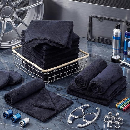 Shimeyao 40 Pcs 16 x 16 Inch Edgeless Microfiber Plush Towels for Cars Detailing Drying Wash Polishing Absorbent Cleaning Cloths, 500 GSM (Black)