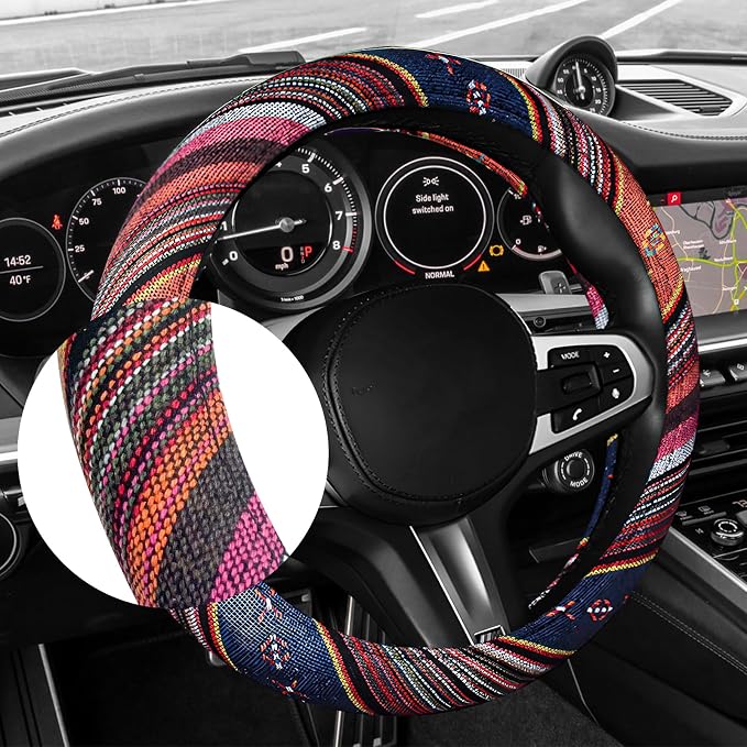 Boho Car Steering Wheel Cover, Ethnic Style Anti-Slip Coarse Flax Cloth Auto Wheel Cover, Bohemian Steering Wheel Protector for Most SUVs Vans Trucks, Car Accessories (Style C)