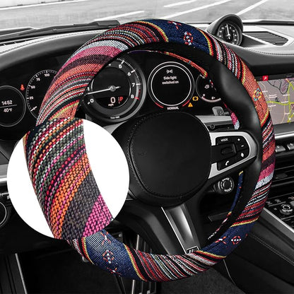 Boho Car Steering Wheel Cover, Ethnic Style Anti-Slip Coarse Flax Cloth Auto Wheel Cover, Bohemian Steering Wheel Protector for Most SUVs Vans Trucks, Car Accessories (Style C)