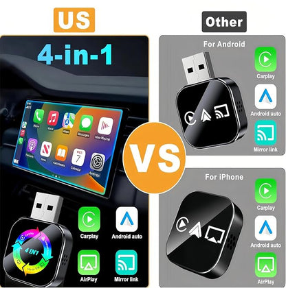 2026 Upgraded 4-in-1 Wireless CarPlay Adapter, Convert Wired to Wireless CarPlay & Android Auto, Support AirPlay & Screen Mirroring, Zero Latency Plug & Play, USB/Type-C for iPhone iOS & Android