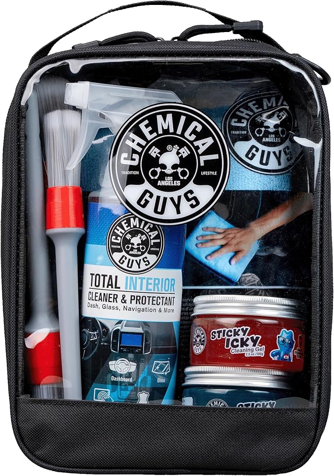 Chemical Guys Interior Cleaning Kit with Storage Bag Total Interior Cleaner Microfiber Towels Detailing Brushes and Sticky Gel Giftable Car Care Set - 10 Items