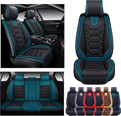 OASIS AUTO Car Seat Covers Full Set, Sporty Faux Leather with Honeycomb Pattern, Waterproof Universal Fit for SUV, Sedan, Pick-up Truck, Automotive Interior Accessories (OS-004 Black&Teal)